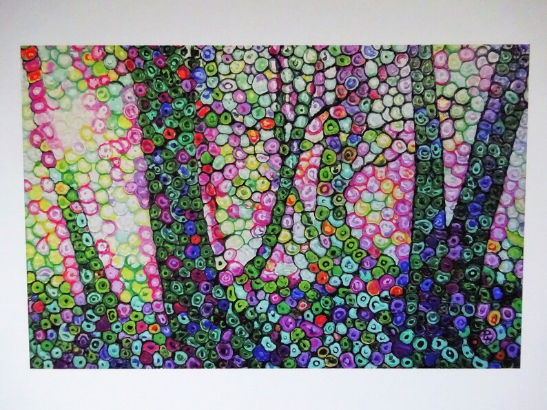 May include: Abstract painting of a forest scene with trees made of colorful circles. The background is a mix of pink, green, blue, and yellow circles.