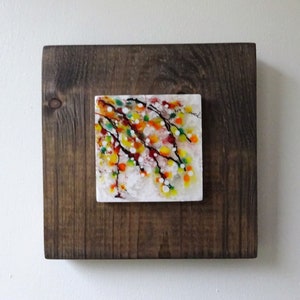 Abstract Autumn Mini Tile Artwork On Rustic Wood Off-Cut. Handmade Colourful EVA Tile Wall Art. Original Art. Unique Gift.