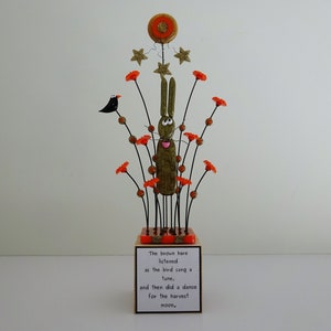 The Harvest Moon Hare Story Block. Narrative Sculpture On Wooden Base With Short Rhyming Poem. Whimsical Hare Figurine. Unique Hare Artwork.