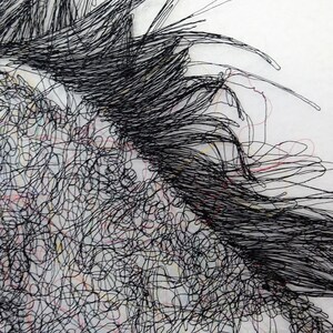 May include: Black thread embroidery on a white background. The thread is woven in a dense, intricate pattern, creating a textured surface.