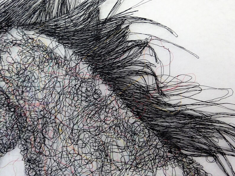 May include: Black thread embroidery on a white background. The thread is woven in a dense, intricate pattern, creating a textured surface.