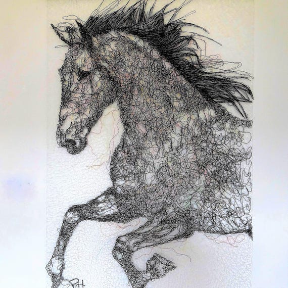 3D Pen Horse Wall Art: Black Lace Tapestry with Wooden Dowel