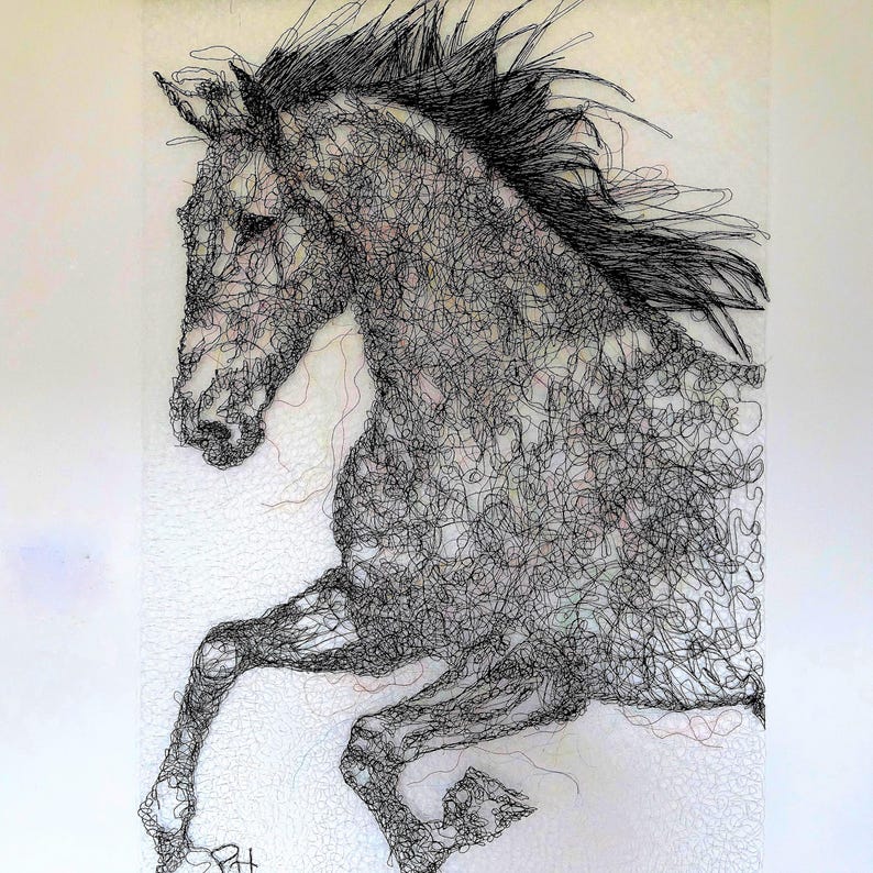 3D Pen Horse Wall Art: Black Lace Tapestry with Wooden Dowel image 1