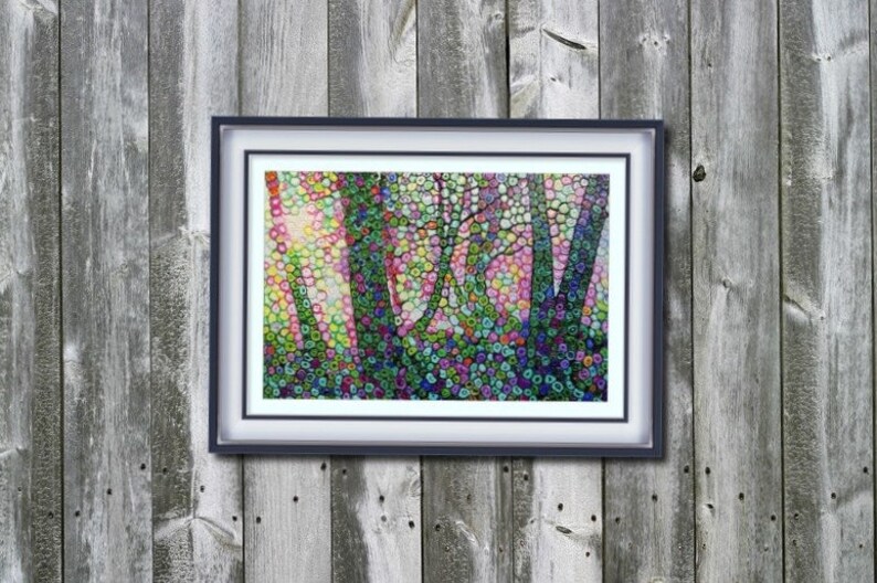 May include: A framed abstract painting of a forest scene with colorful dots and swirls. The trees are depicted in black and the background is a mix of pink, yellow, and green.