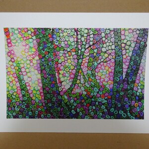 May include: A colorful abstract painting of a forest scene with trees made of small, round dots in shades of green, pink, purple, and blue.