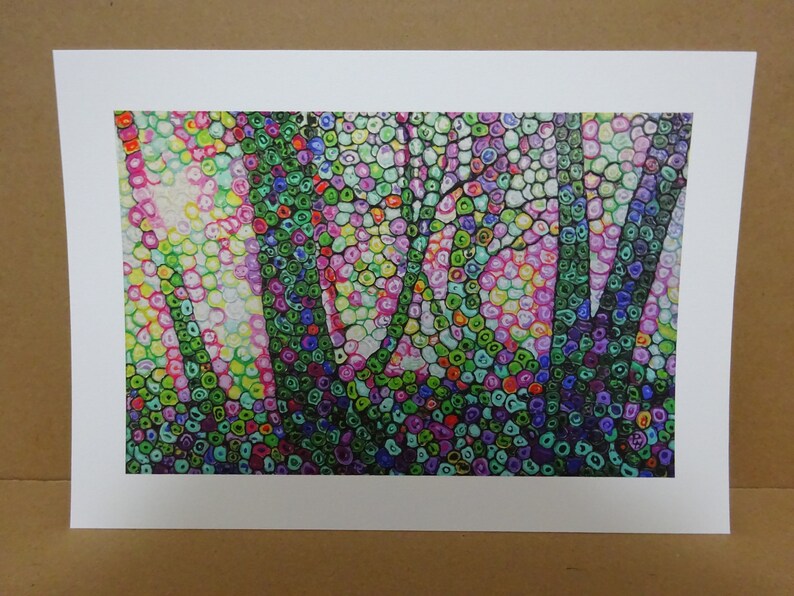 May include: A colorful abstract painting of a forest scene with trees made of small, round dots in shades of green, pink, purple, and blue.