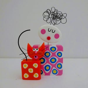 Funky Square People Sculpture: Colorful Cat Lover Gift