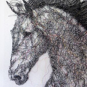 May include: A black and white line drawing of a horse's head, created with a tangled mass of black thread. The horse's eye is visible, and the mane is flowing.