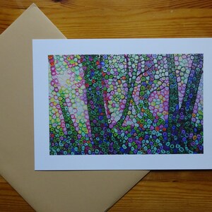 May include: A colorful abstract painting of a forest scene with trees and foliage. The painting is made up of small, colorful dots that create a textured effect.