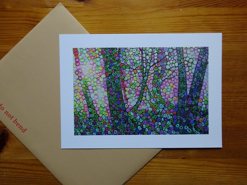 May include: A colorful abstract painting of a forest scene with trees and foliage. The painting is made up of small, colorful dots that create a textured effect.