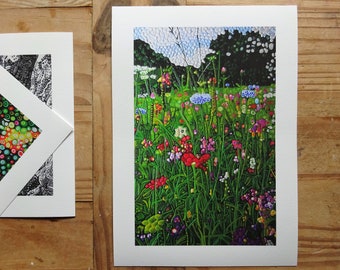 Fanciful Meadow Giclee Fine Art Print. Quality A4 print from an original painting by Paula Horsley. Lovely wildflowers in bright colours.