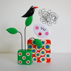 Handmade Girl and Bird Figurine: Funky Abstract Sculpture