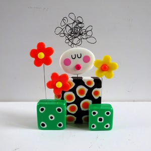 Funky Figurine: Colorful Square Woman with Flowers - Handmade Sculpture