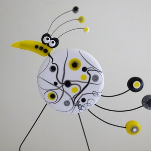 Quirky Bird Sculpture, Cute, Comical, Whimsical Bird Ornament. Abstract Art Sculpture on wooden base. Fun, Handmade Gift.