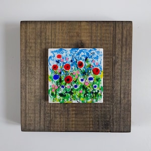 Meadow Flowers Tile Art on Reclaimed Wood: Rustic Wildflower Decor