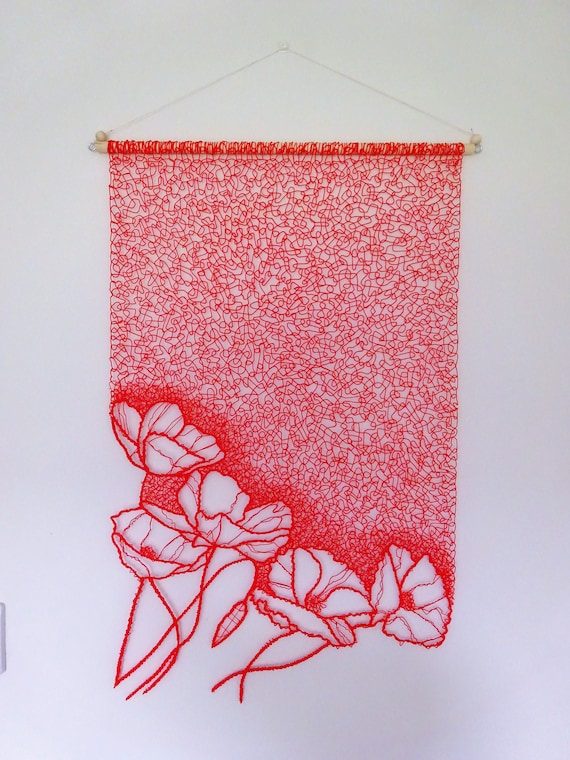 Poppies Wall Hanging, Original Handcrafted Wall Art, Flowers Artwork, Red Tapestry.