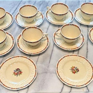 Antique Crown Ducal Gainsborough Embossed Tea Cups, Saucers & Plates Set of 8