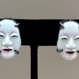 Rare Toshikane Japanese Screw back Earrings Noh mask Ko-Omote Arita Ware
