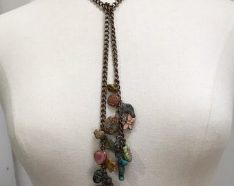 Lariat-Style, Brass Necklace with Multi-Colour Czech Animal Beads