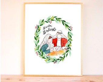 Christmas print, watercolor christmas manger, christmas art print, Christmas decoration Holiday decor handlettering