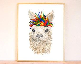 Rainbow Llama, Watercolor, Art, Home Decor, Nursery Art, Nursery Paintings, Colorful Nursery, Llama Art, Kids Room Art, Childs Room Art