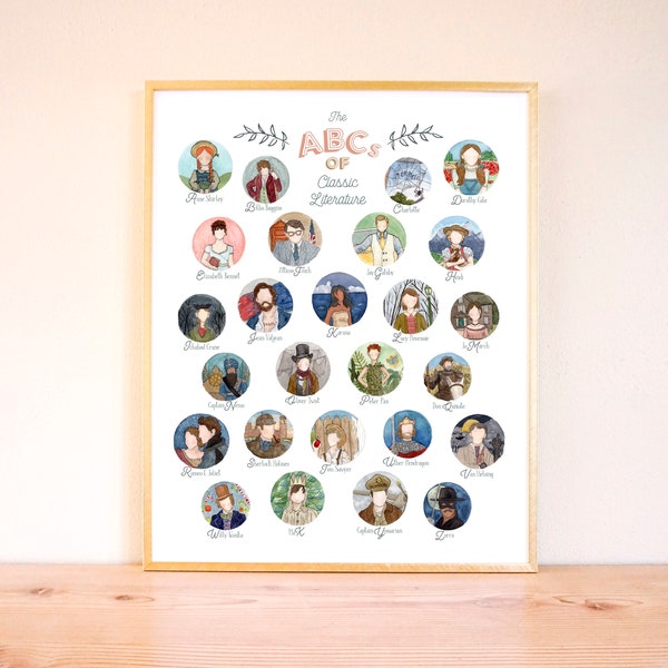 Literary Wall Art - “The ABCs of Classic Literature”, Nursery Art, Classroom Art, Watercolor Classroom Decor, Literary Wall Decor