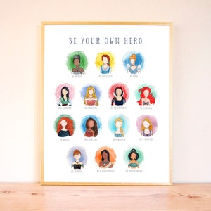 Disney Princess Nursery Wall Art, Watercolor Painting, Disney Nursery Art, Disney Princess &quot;Be Your Own Hero&quot; Poster