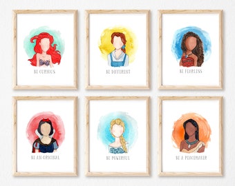 Disney PrincessSet of 6 "Be Your Own Hero" Prints, Nursery Disney Art, Disney Nursery, Nursery Wall Art