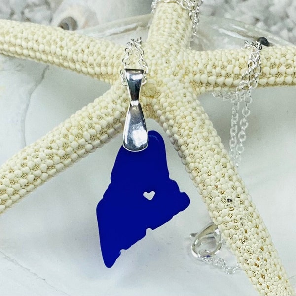 State of Maine Necklace Cultured Sea Glass, with heart cutout, Silver Chain, Pendant