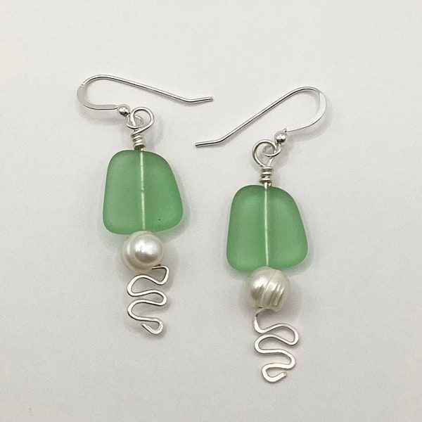 Light Green Sea Glass earrings cultured sea glass, with natural pearls, sterling silver ear wires, silver wire