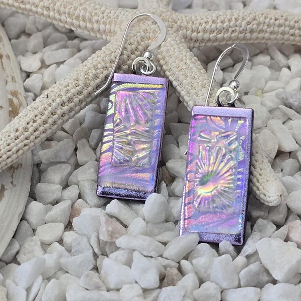 Dichroic Glass Dangle Earrings, Etched lavender, silver rainbow, light blue, gold, Sterling Silver