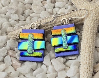 Dichroic Glass Dangle Earrings, Shimmering Gold, Sterling Silver