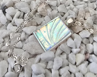 Dichroic Glass Necklace Pendant, Etched silver layers, rainbow, Sterling Silver chain
