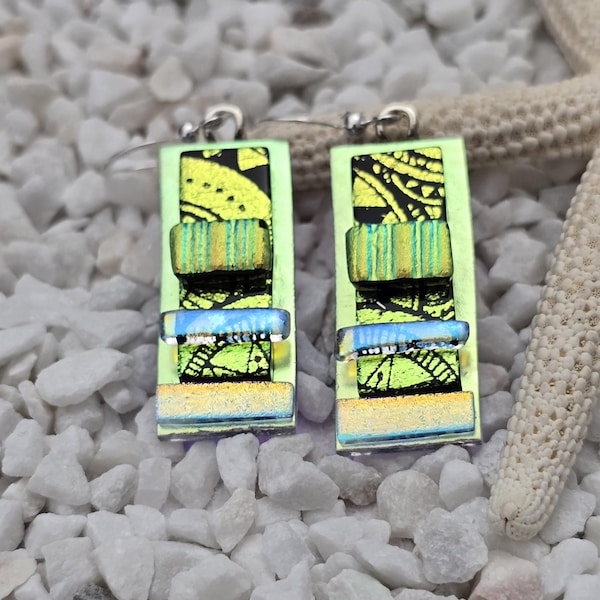Dichroic Glass Dangle Earrings, Etched Black Gold, Sterling Silver