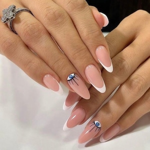EVIL EYE FRENCH-press on nails-French nails-white french nails-fake nails-home manicure nails-reusable nails-glue on nails-evil eye nail art
