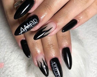 ESCAPEEE-Press on nails-luxury nails-black nails- amor nails-one color nails-glue on n nails aesthetic nails gel x nails black and white nai