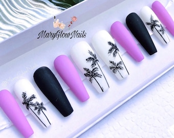 MIAMIIII- Press On Nails. Reusable Nails. Hand Painted Fake Nails. Glue On Fake Nails - Luxury Handmade Nail Tips.