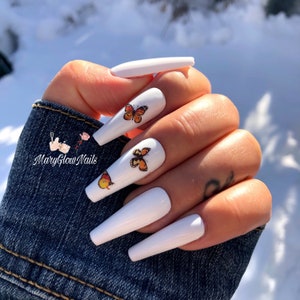 BUTTERFLY- Press On Nails-Glue On Fake Nails Luxury  Nail Tips- Butterflies Nails, white nails