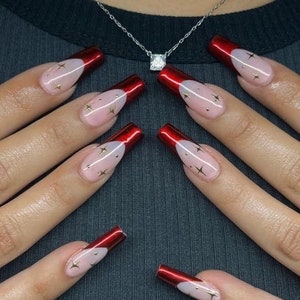 RED CARPETT-Press on nails-luxury nails-red french nails-nail art-square nails-short long nails-glue on nails-aesthetic nails-chrome nails