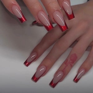 Red HOT Press on Nails, Bling Nails, Reflective Nails, Red Nails, Nail Gems,  Fake Nails, False Nails, Red French Nails, Trendy Nails -  Sweden