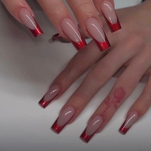RED FRENCH CHROME-Press in nails-luxury nails-aesthetic nails-chrome nails-red chrome nails-red french nails-fake nails-glue on nails-free