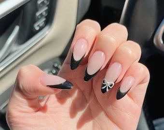Press on nails-luxury nails-black french nails-nail art-nails-short long nails-glue on nails-aesthetic nails-bow nails-bows-press ons