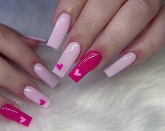 Pink Press on nails-luxury nails-vday nails-nail art hot pink nails- long nails-glue on nails-aesthetic nails heart nails square nails