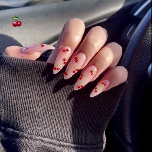 CHERRY-Press on nails-cherry nails-almond nails-luxury nails-durable nails-gel nails-glue on nails-free shipping nails-nail art-fake nails