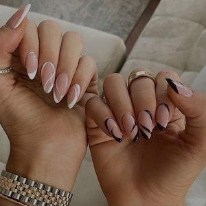 VIBES- Press on nails- Luxury nails- glue on nails-black and white nails- almond nails- abstract lines nails