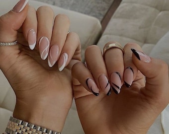 VIBES- Press on nails- Luxury nails- glue on nails-black and white nails- almond nails- abstract lines nails