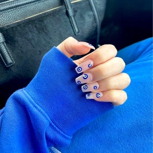 EVIL EYE2- Press on nails blue evil eye- neutral nails-square nails-gel x nails-glue on nails- uñas ojo-fake nails