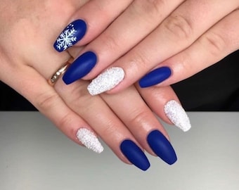 Blue xmas nails, Press on nails, luxury nails, snowflake nails, dark blue nails, royal blue nails, medium nails, short nails, winter nails