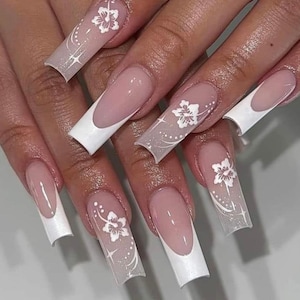 French nails with white flowers-Press on nails-luxury nails-white nails-nail art-square nails-short long nails-glue on nails-aesthetic nails