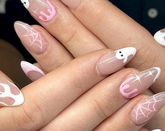 Halloween Press on nails-luxury nails-pink nails-nail art-nails with spiders -short long nails-glue on nails-aesthetic nails-pink Halloween